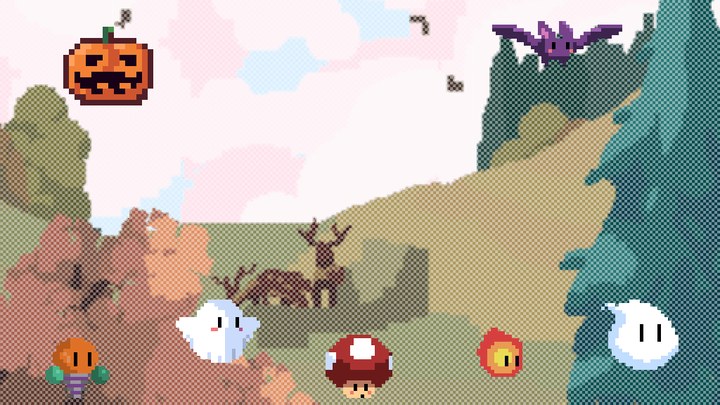 秋の森を歩くハロウィーンのキャラクターたち